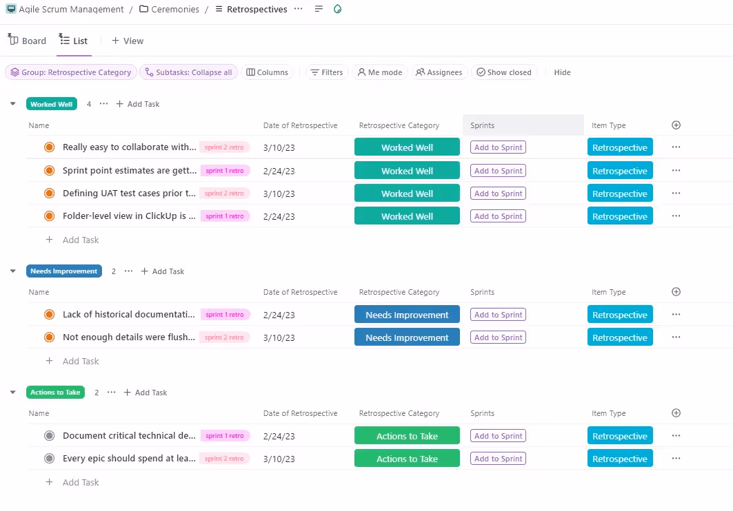 Sprint Retrospectives in ClickUp