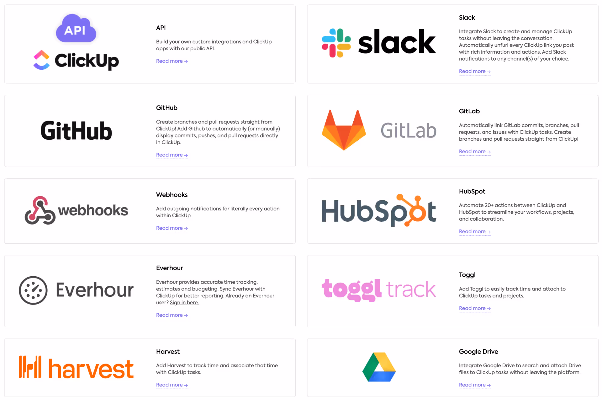Available integrations in ClickUp
