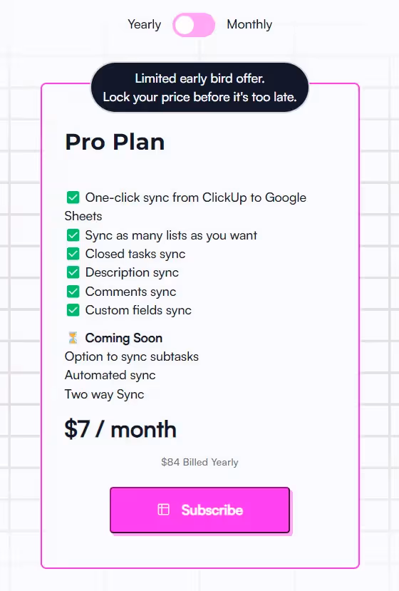 ClickUp to Sheets Pricing
