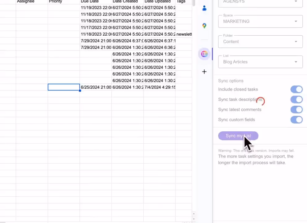 Sync your ClickUp lists in Google Sheets