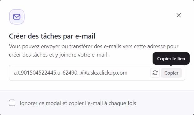 Adresse de la liste ClickUp