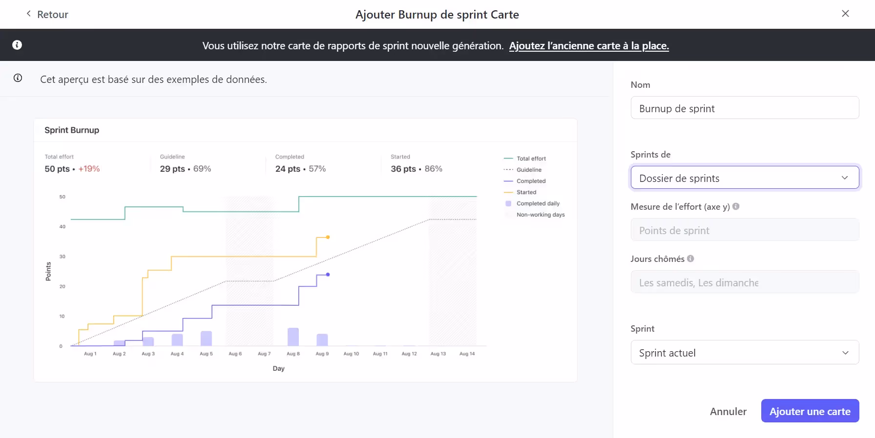 Ajouter une carte Burnup de Sprint dans un tableau de bord ClickUp