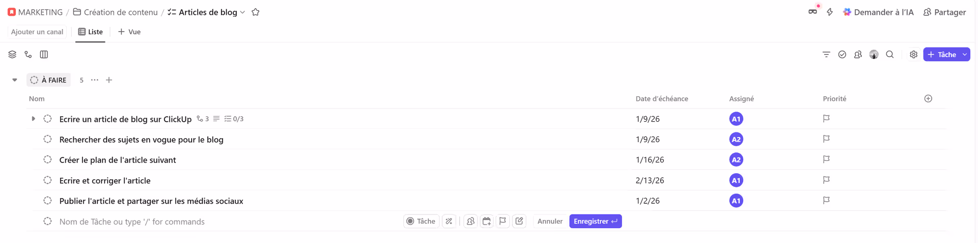 Ajout de tâches depuis une liste