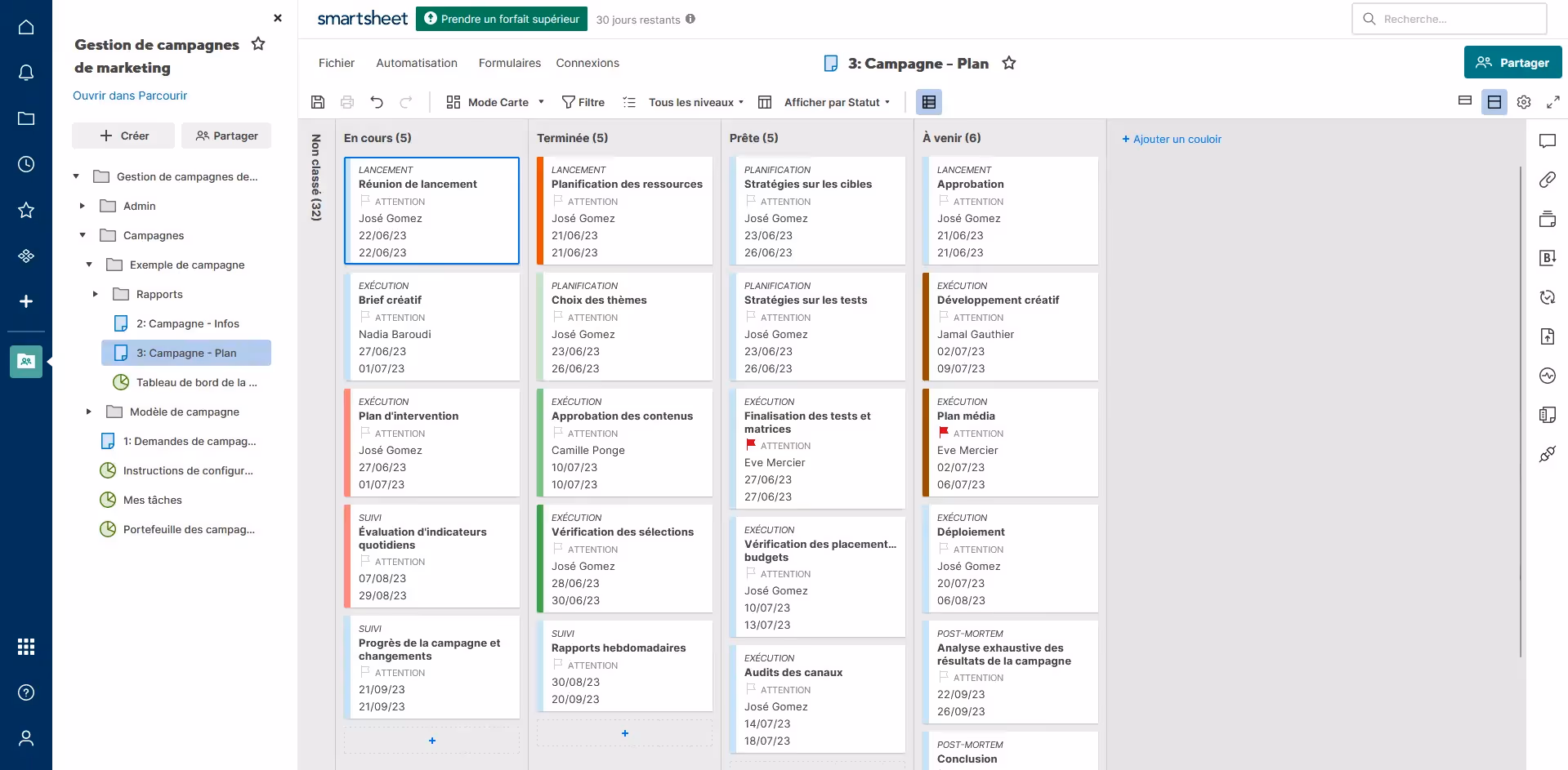 Interface utilisateur de Smartsheet