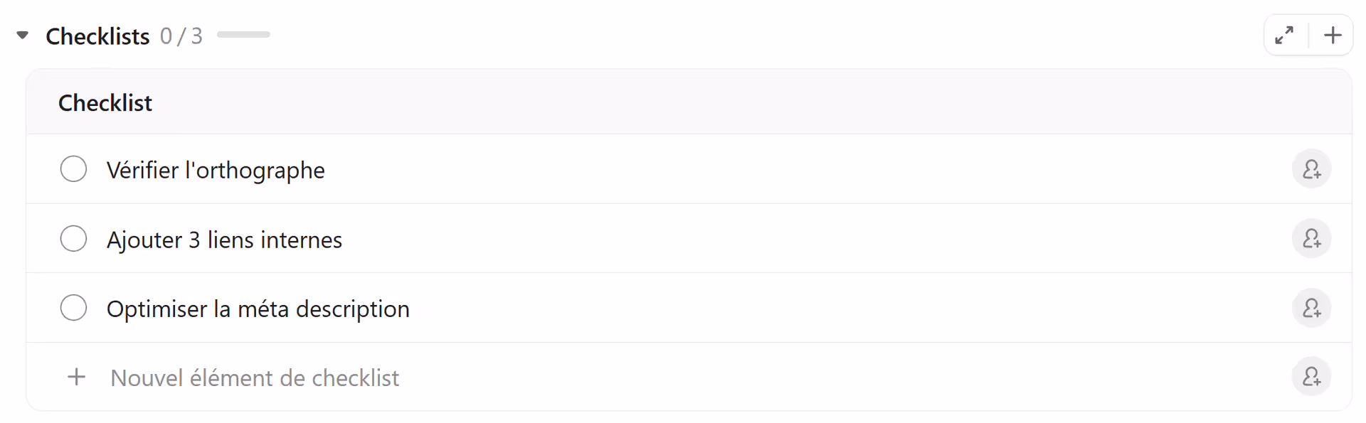 Checklists à l'intérieur d'une tâche