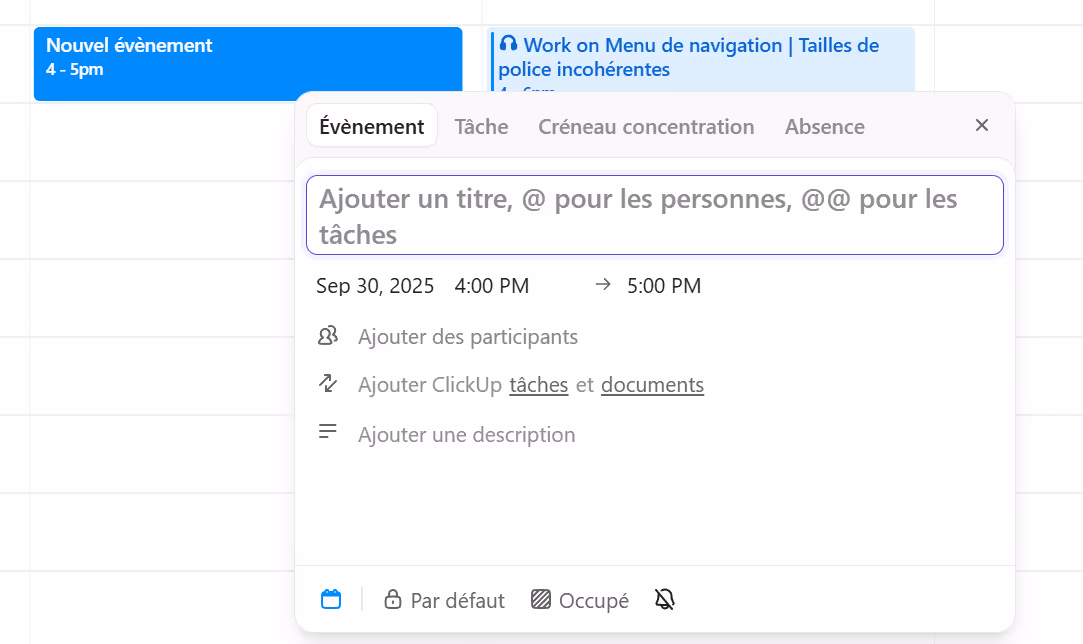 Créer un évènement, un temps de concentration, ou une absence