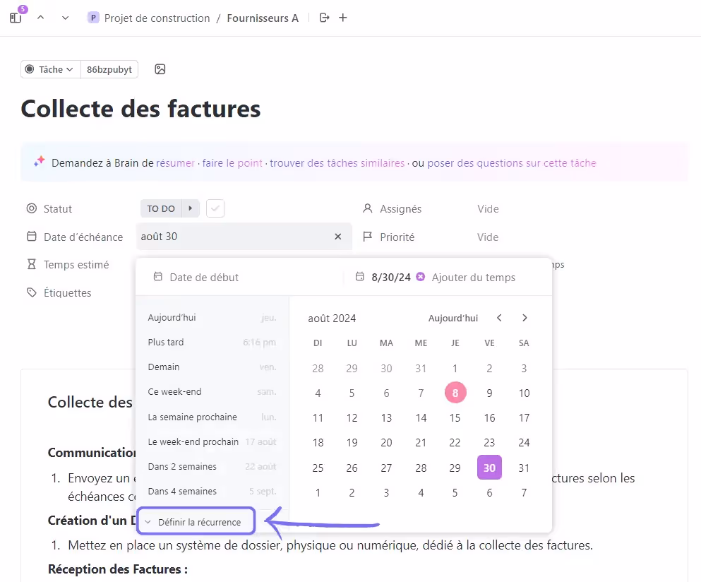 Définir la date d'échéance de la collecte des factures