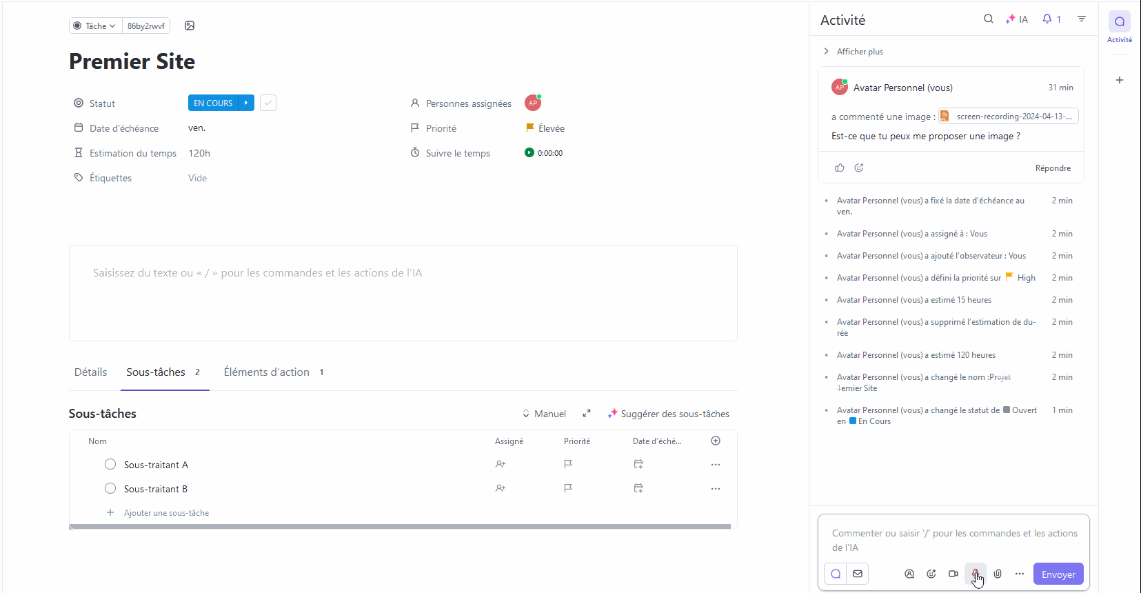 Enregistrement d'un clip audio sur ClickUp