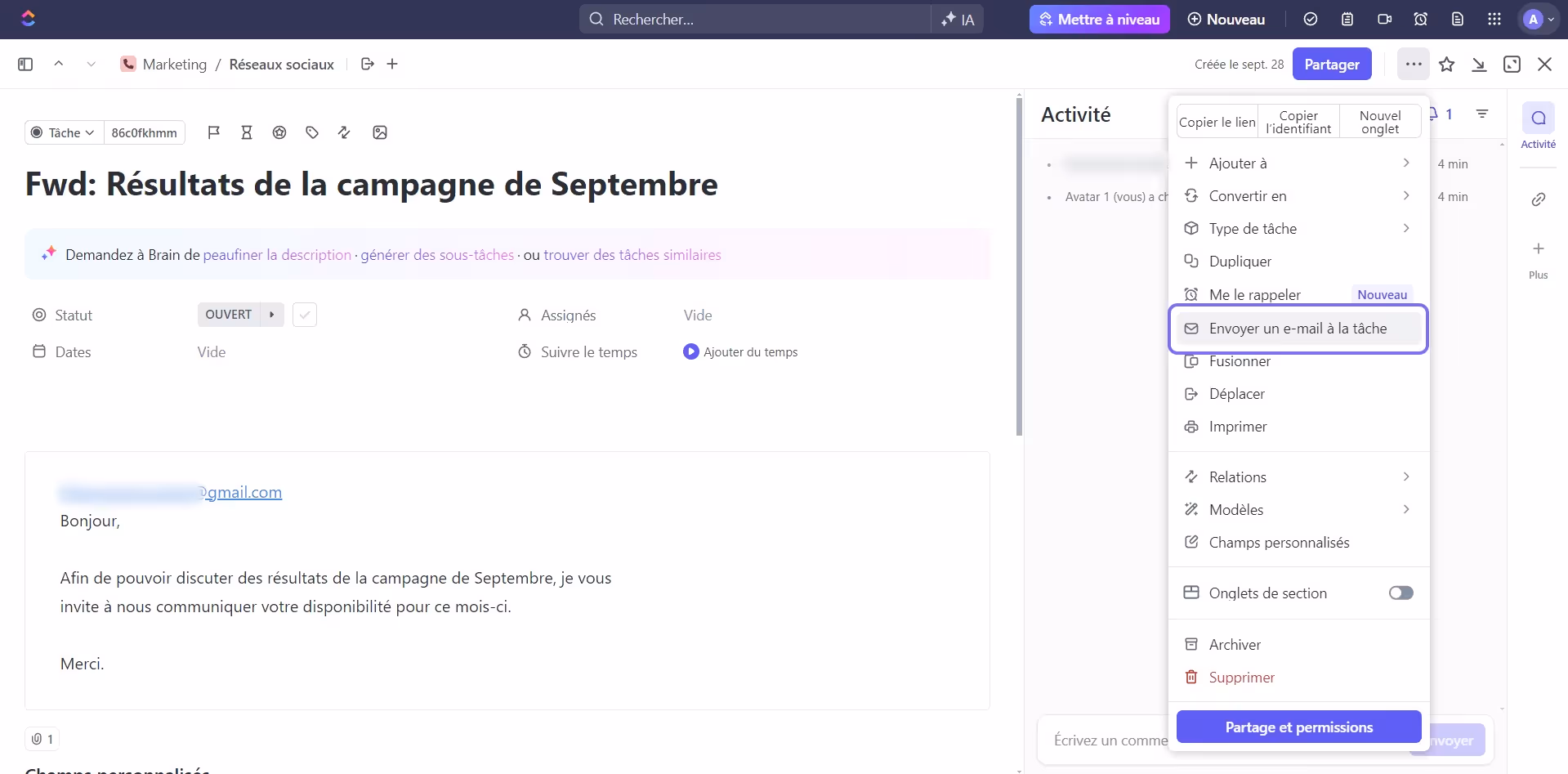 Envoyer un e-mail à la tâche