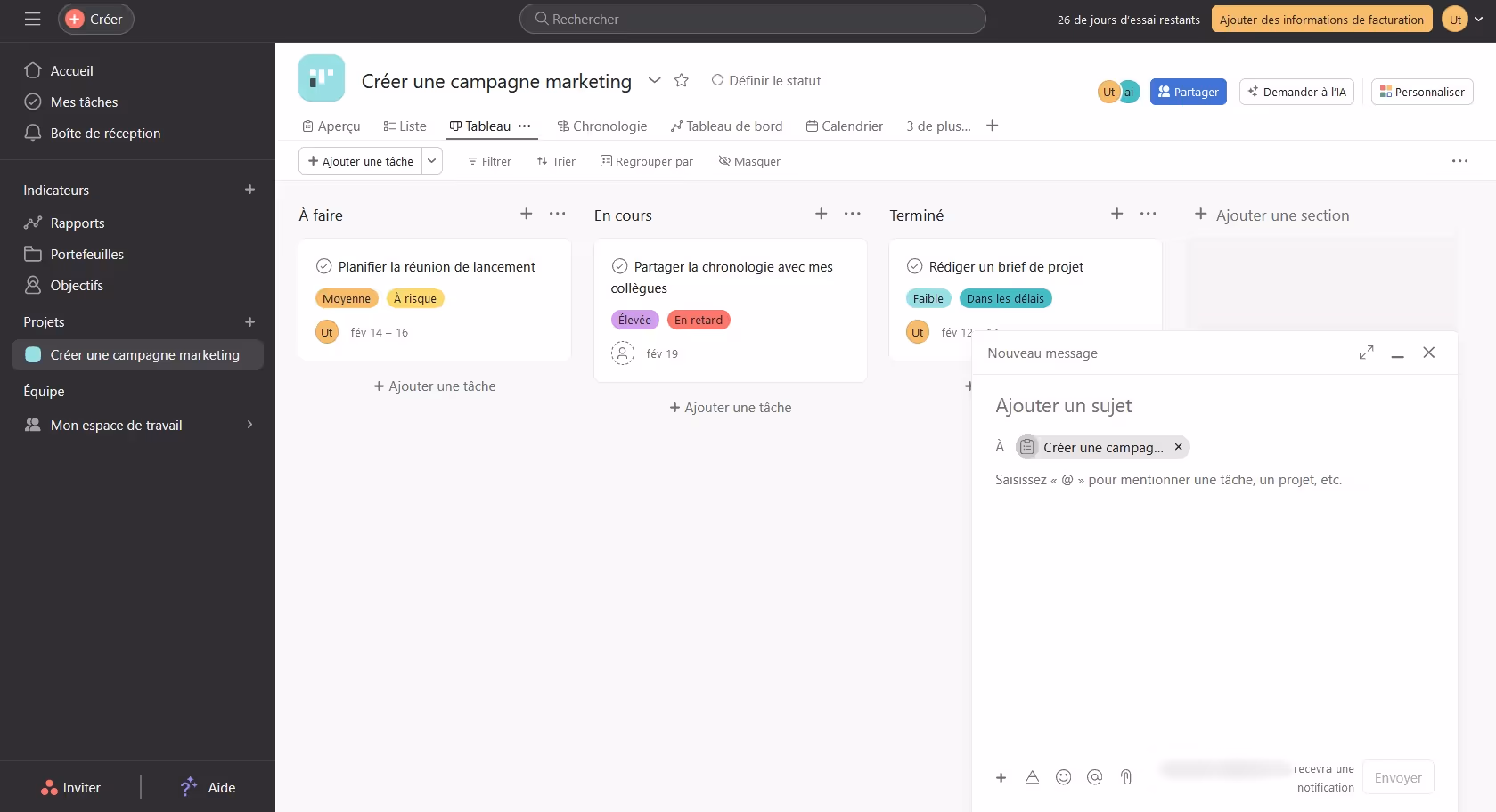 Fonctionnalité de messagerie d'Asana pour faciliter la collaboration