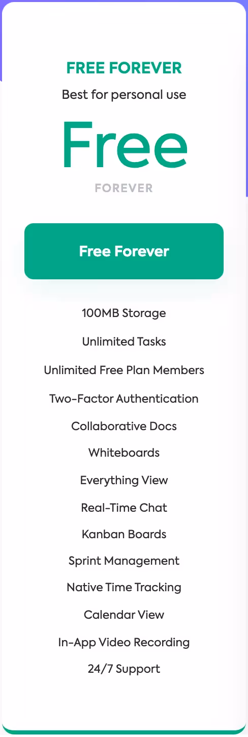 ClickUp's Free Forever Pricing Plan