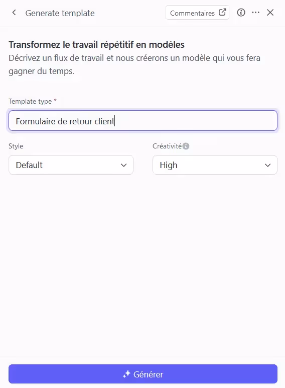 Génération de modèle personnalisé avec ClickUp AI