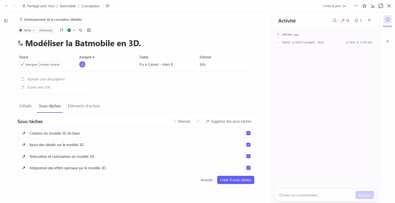 Génération de sous-tâches à partir d'une tâche avec ClickUp AI