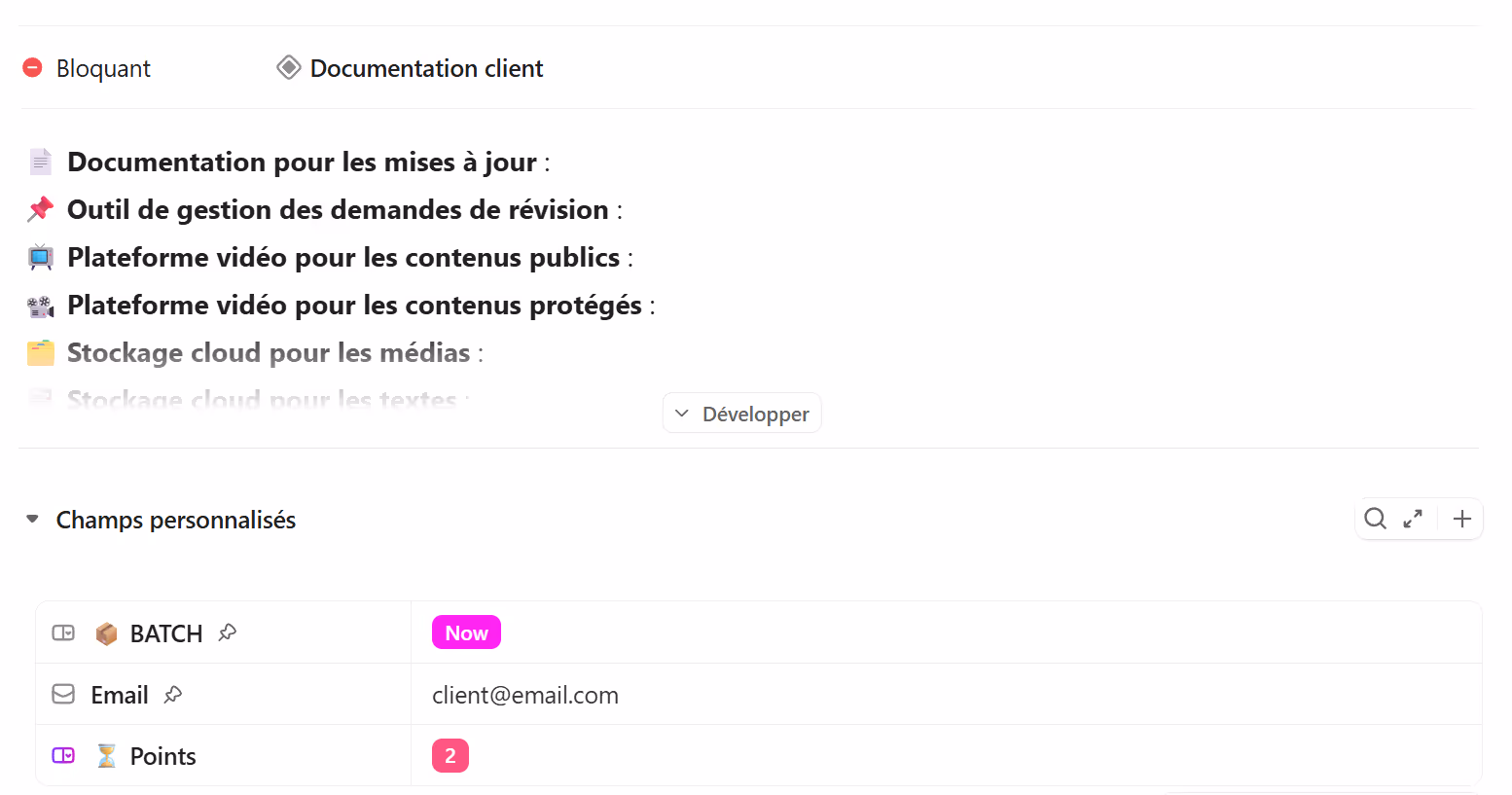 Informations détaillées d'une tâche ClickUp