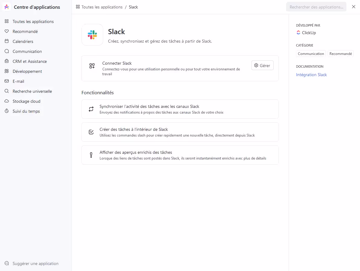 Activer l'intégration Slack depuis le centre d'applications ClickUp