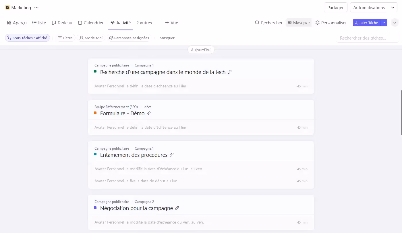 La vue Activité de ClickUp