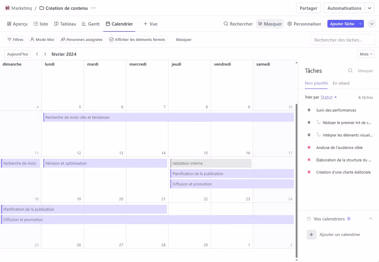 La vue Calendrier de ClickUp