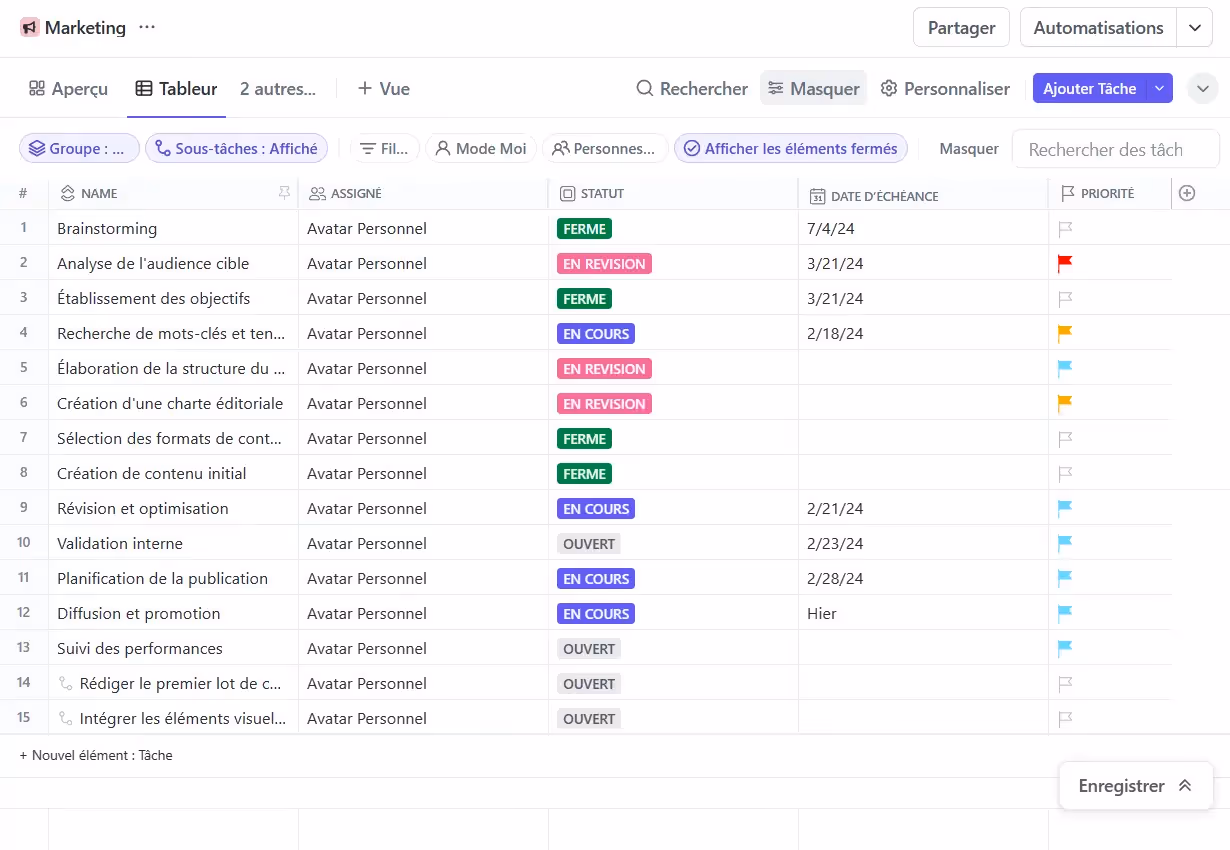 La vue Tableur sur ClickUp