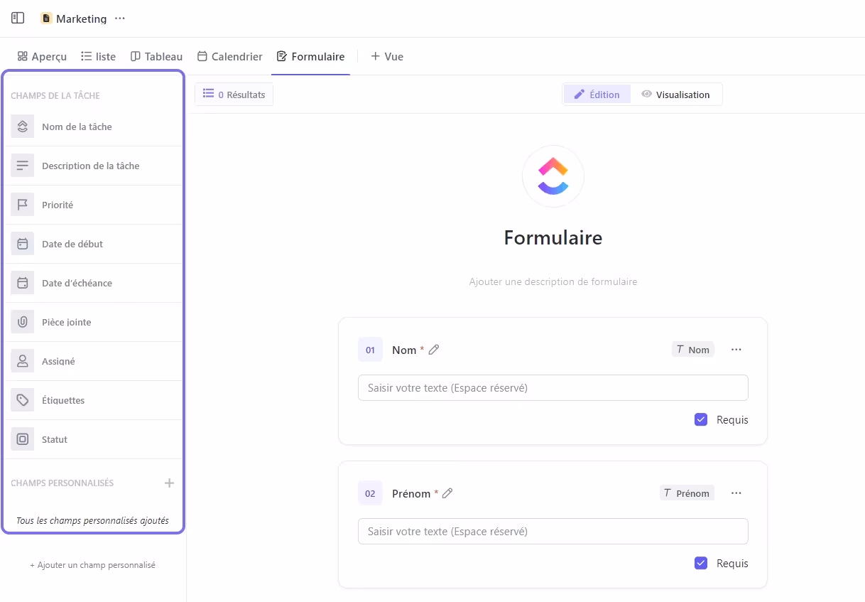 Les différents champs de formulaire sur ClickUp