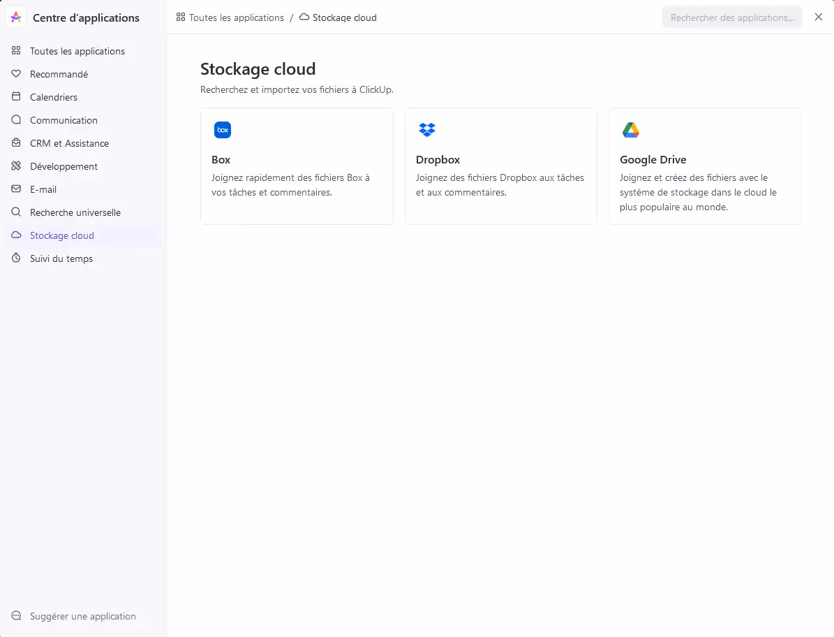 Stockage cloud dans le centre d'applications