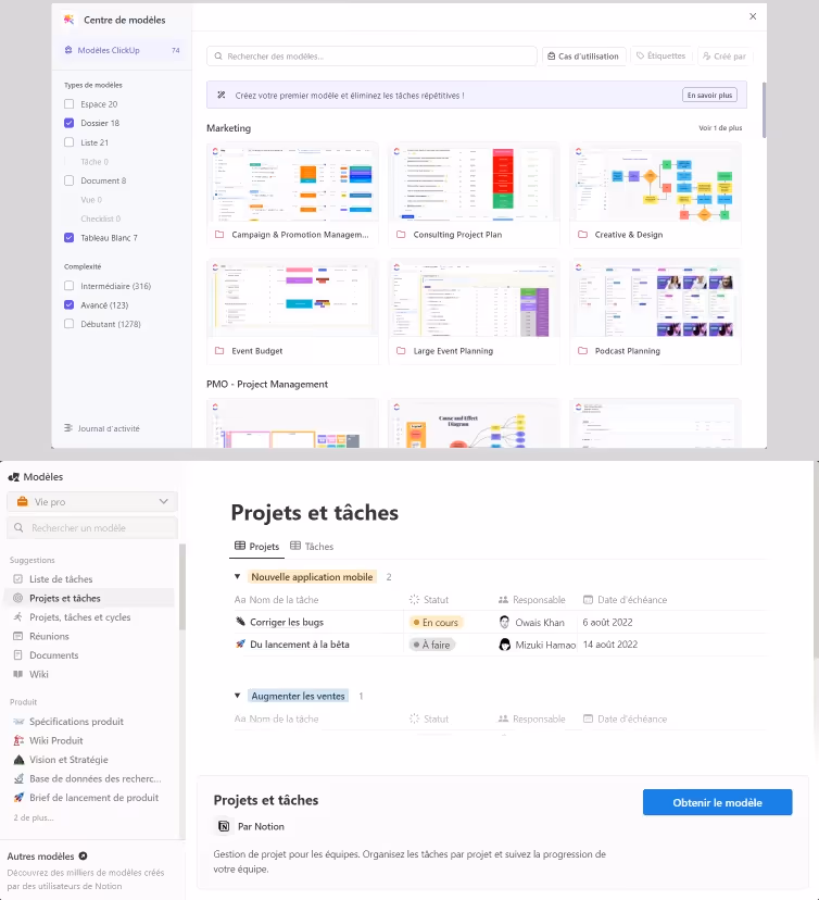 Modèles ClickUp et Notion