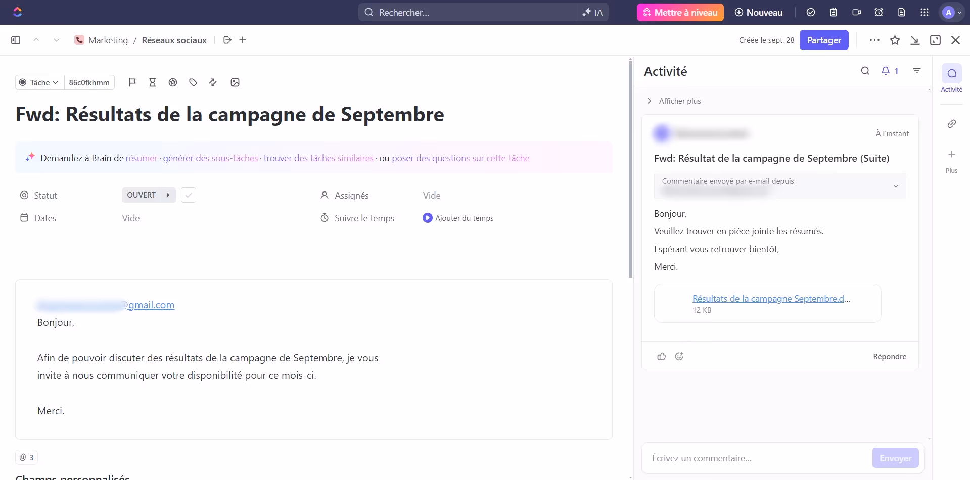 Nouveau commentaire sur la tâche ClickUp