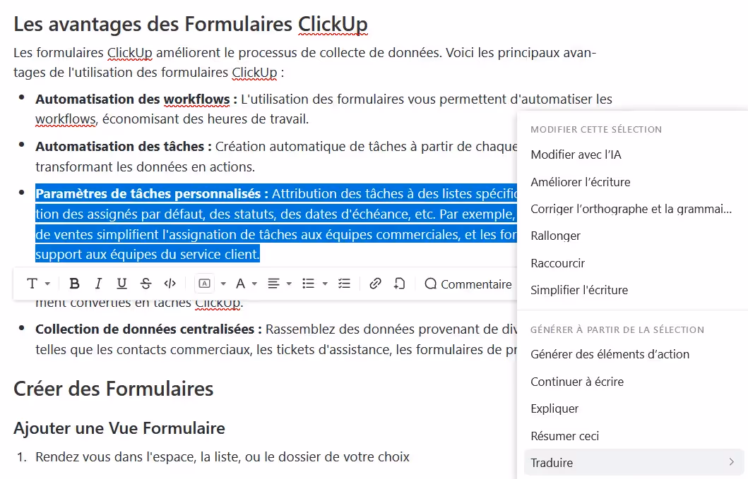 Options d'IA à partir d'une selection de texte