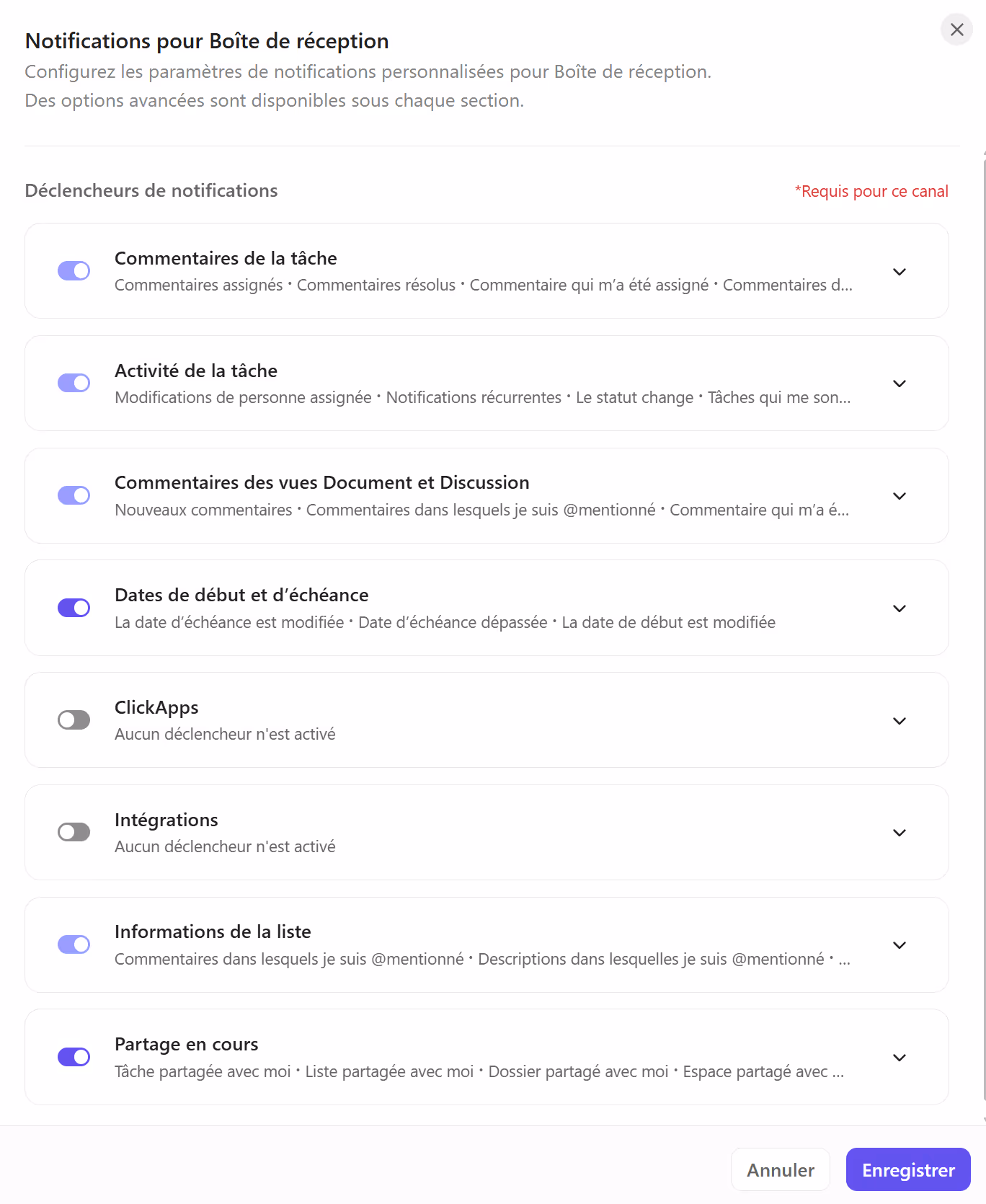 Paramètres de boîte de réception