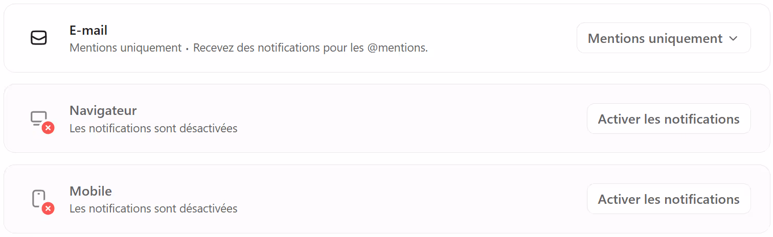 Paramètres de notifications des canaux