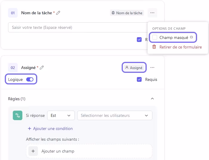 Personnalisation des paramètres d'un formulaire ClickUp avec les champs masqués et les logiques conditionnelles