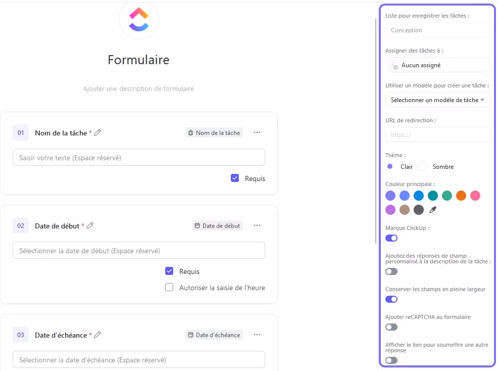 Personnalisation du design d'un formulaire ClickUp