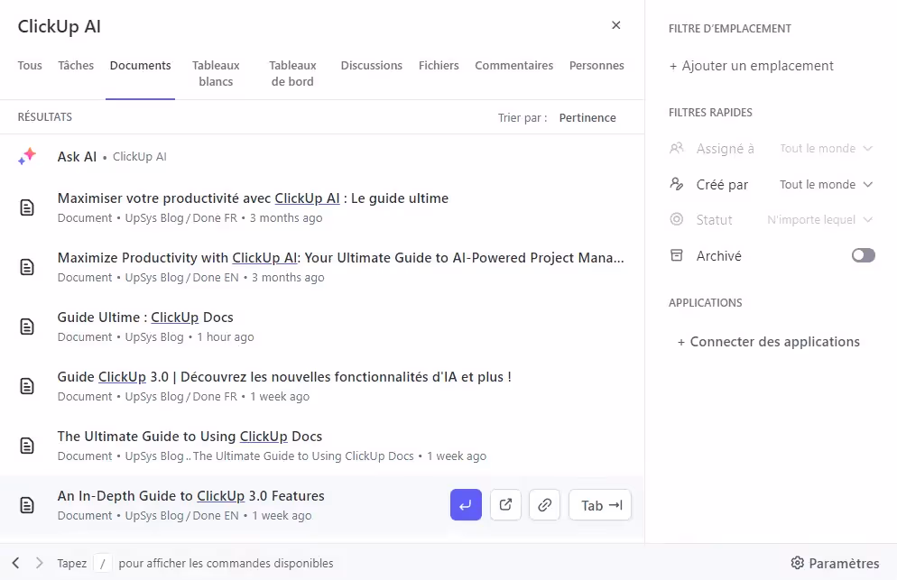 Rechercher des documents depuis le centre de commande de ClickUp