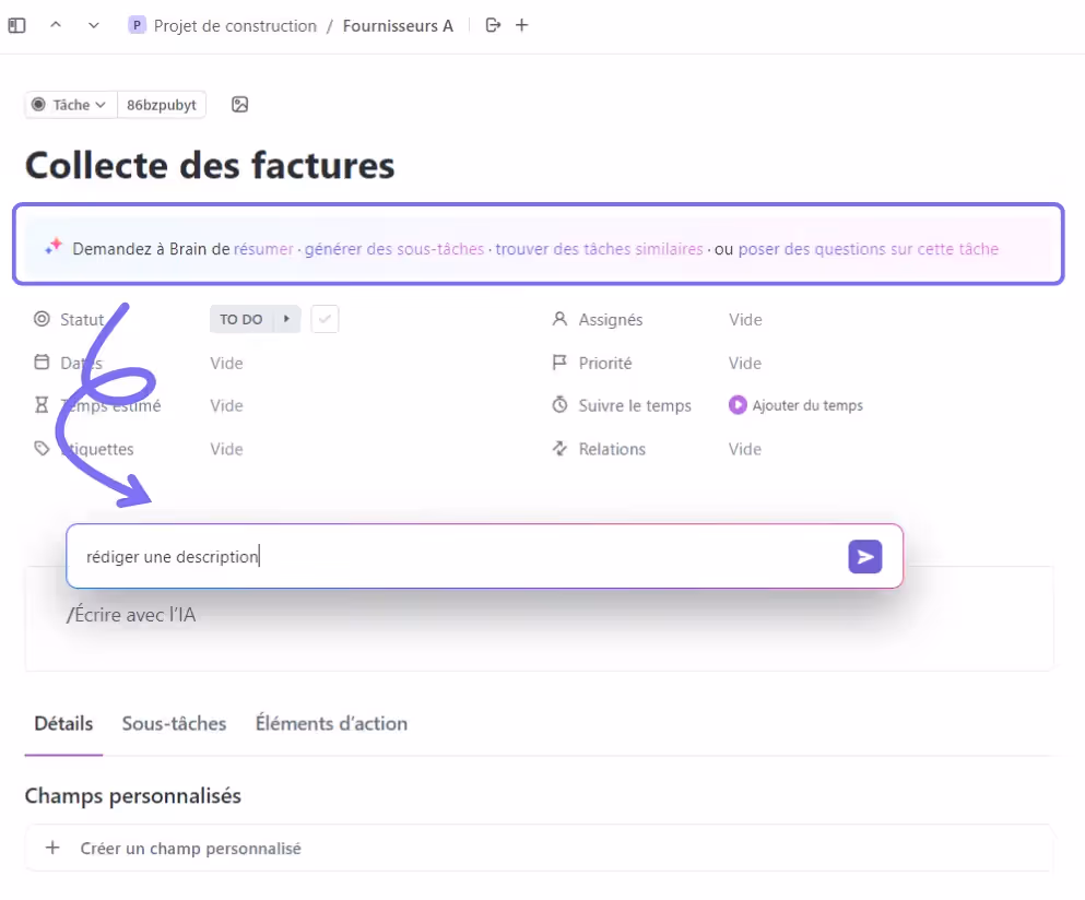 Rédiger une description avec ClickUp Brain (AI)