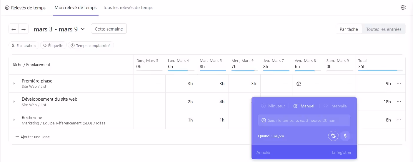 Relevé et suivi de temps sur ClickUp