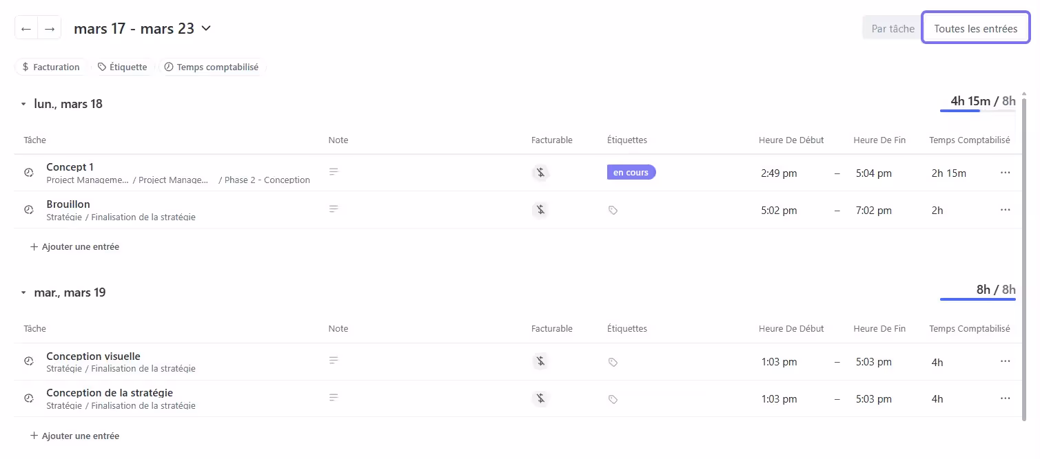 Relevés de temps ClickUp
