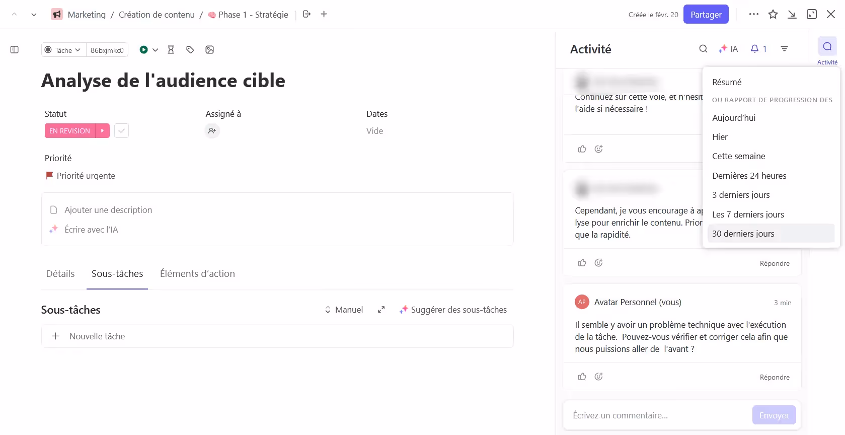 Résumé de commentaire avec ClickUp AI