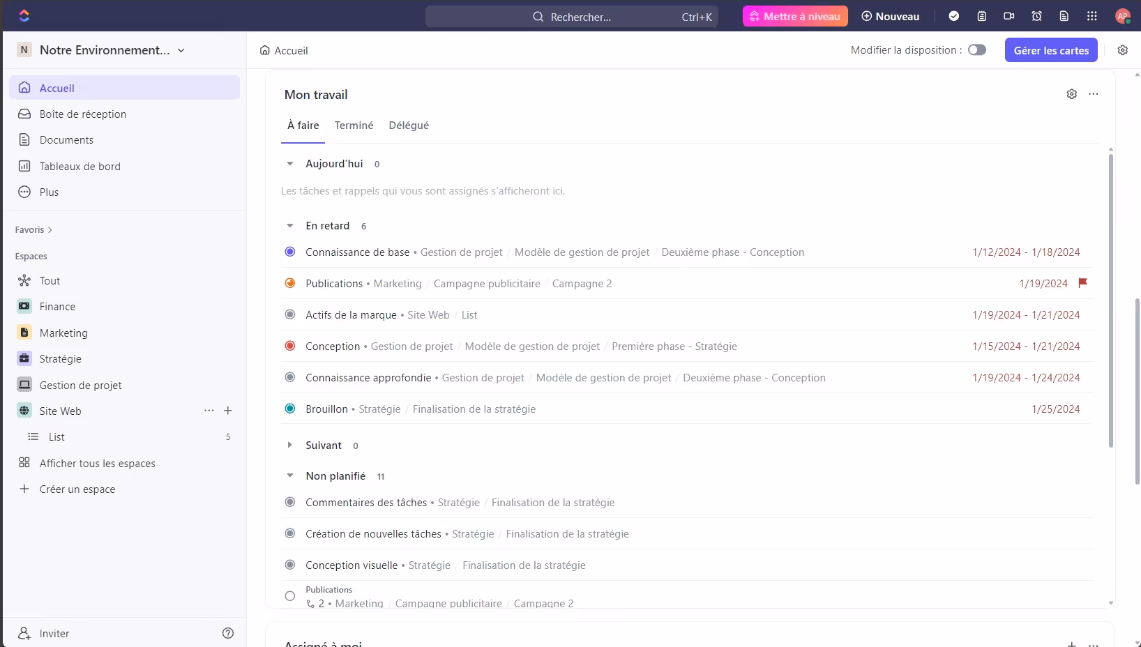 Section "Mon travail" de ClickUp
