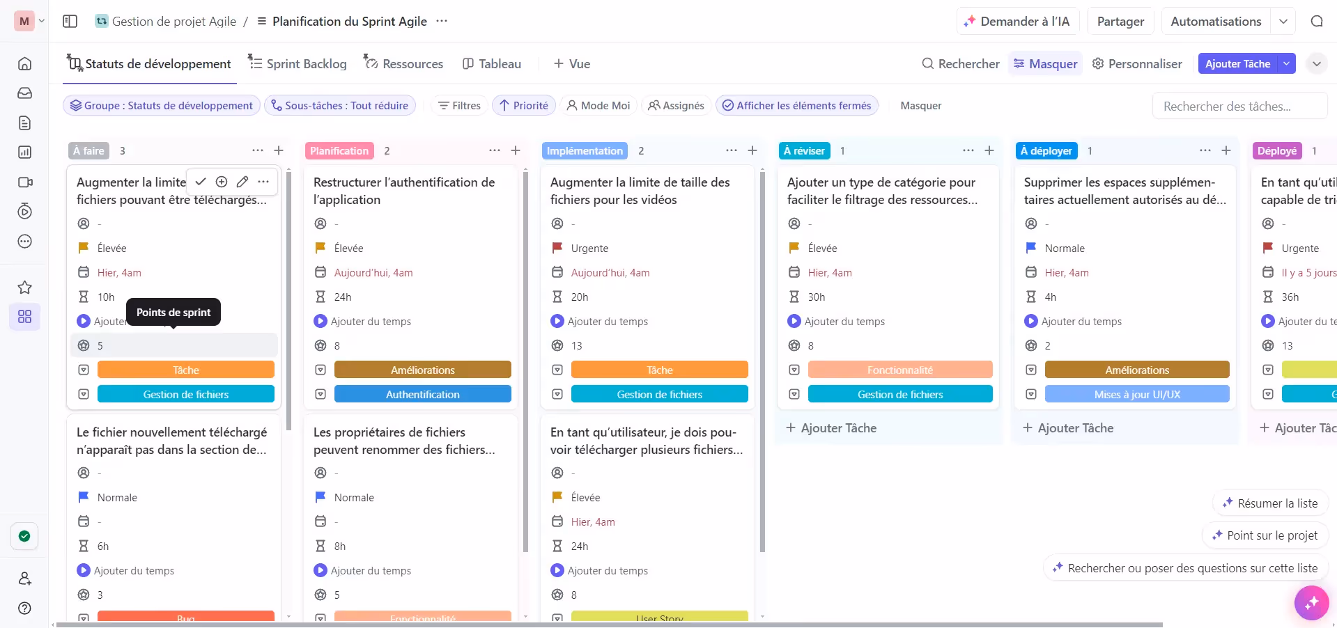 Sprint Agile avec les points de Sprint