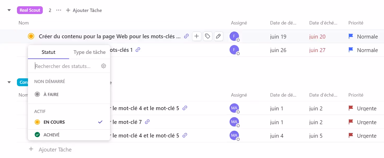 Statuts simplifiés : à faire, en cours, achevé