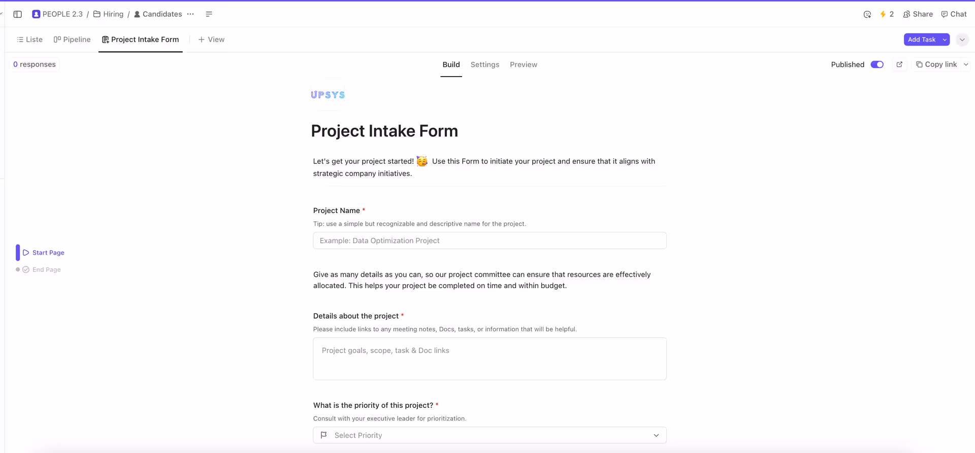 An example of a structured ClickUp form