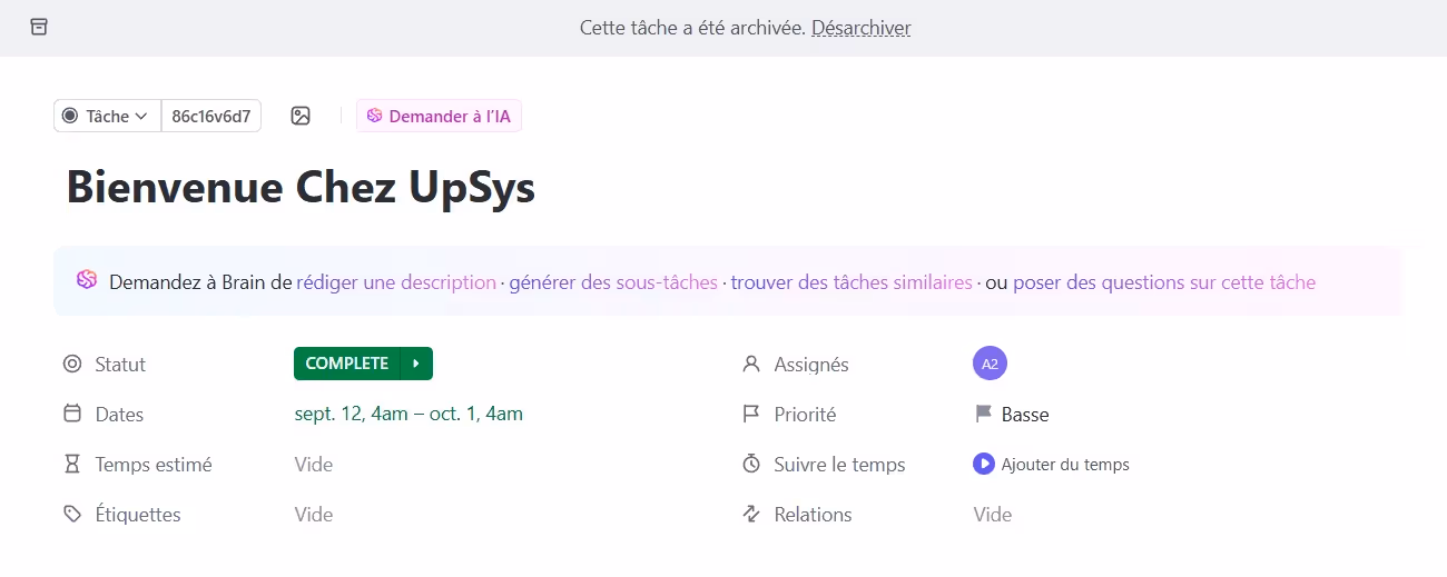 Tâche ClickUp archivée