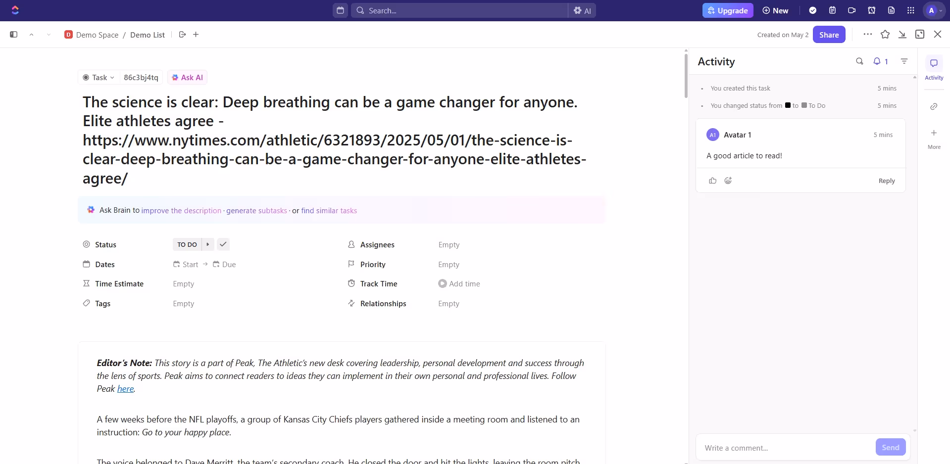 The web article as a task in ClickUp