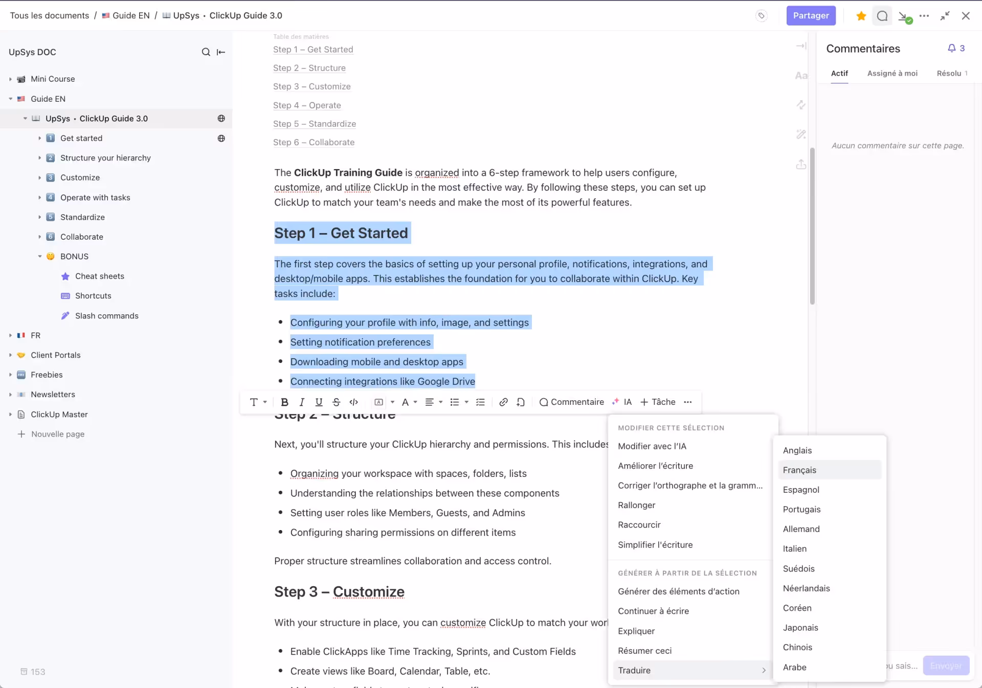 Text translation with ClickUp AI