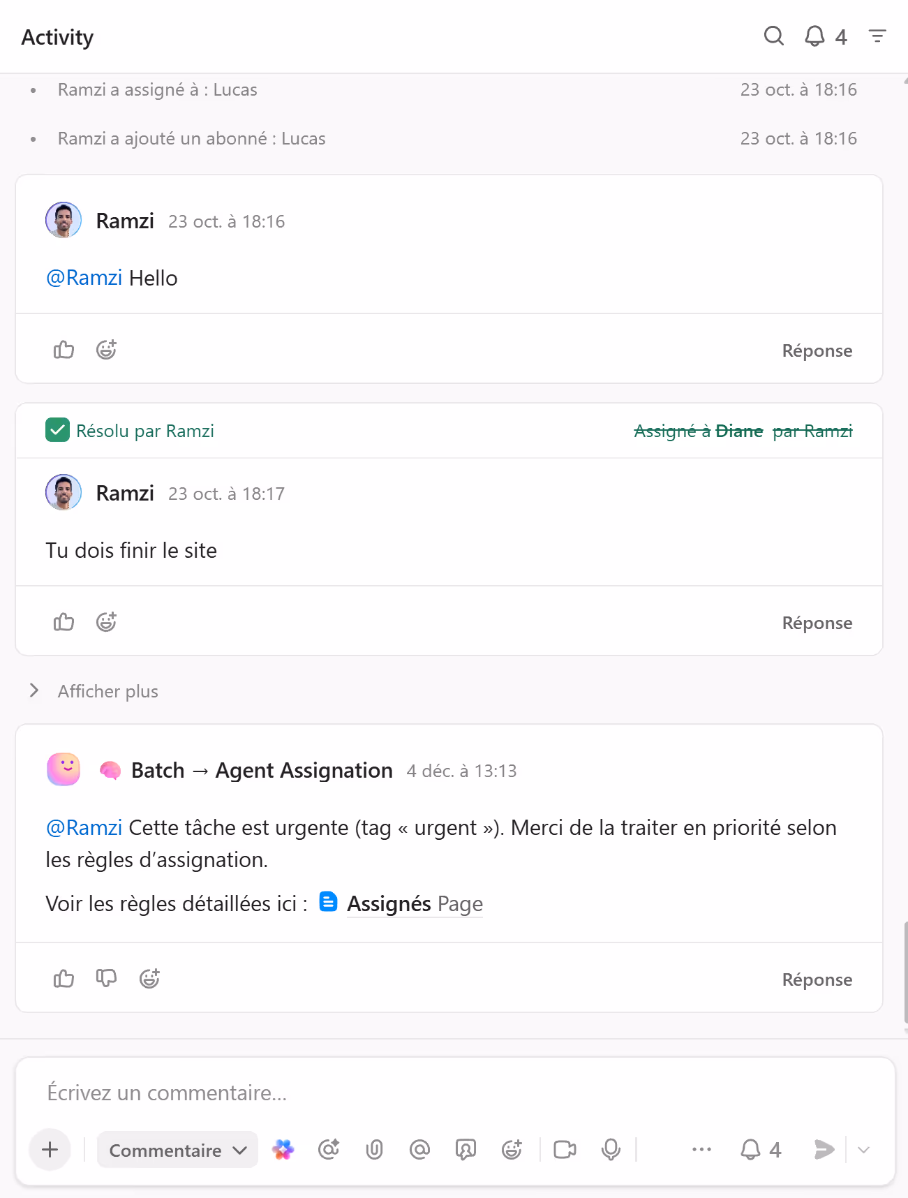 Zone d'activité d'une tâche ClickUp