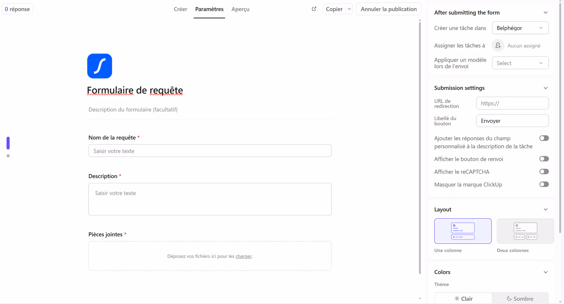 Vue formulaire dans ClickUp