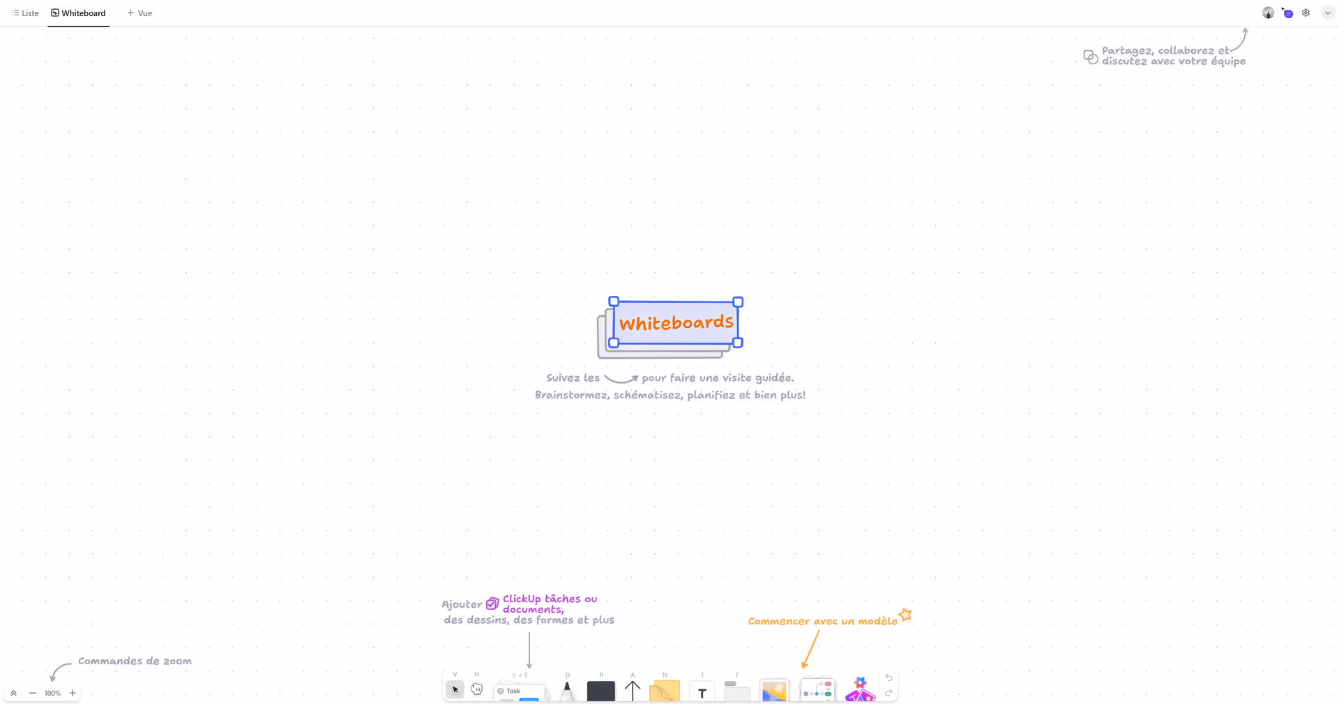 Vue Tableau blanc ou Whiteboard dans ClickUp