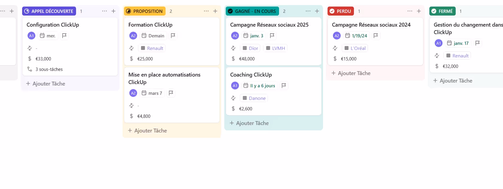 Vue Tableau d'un CRM Commercial