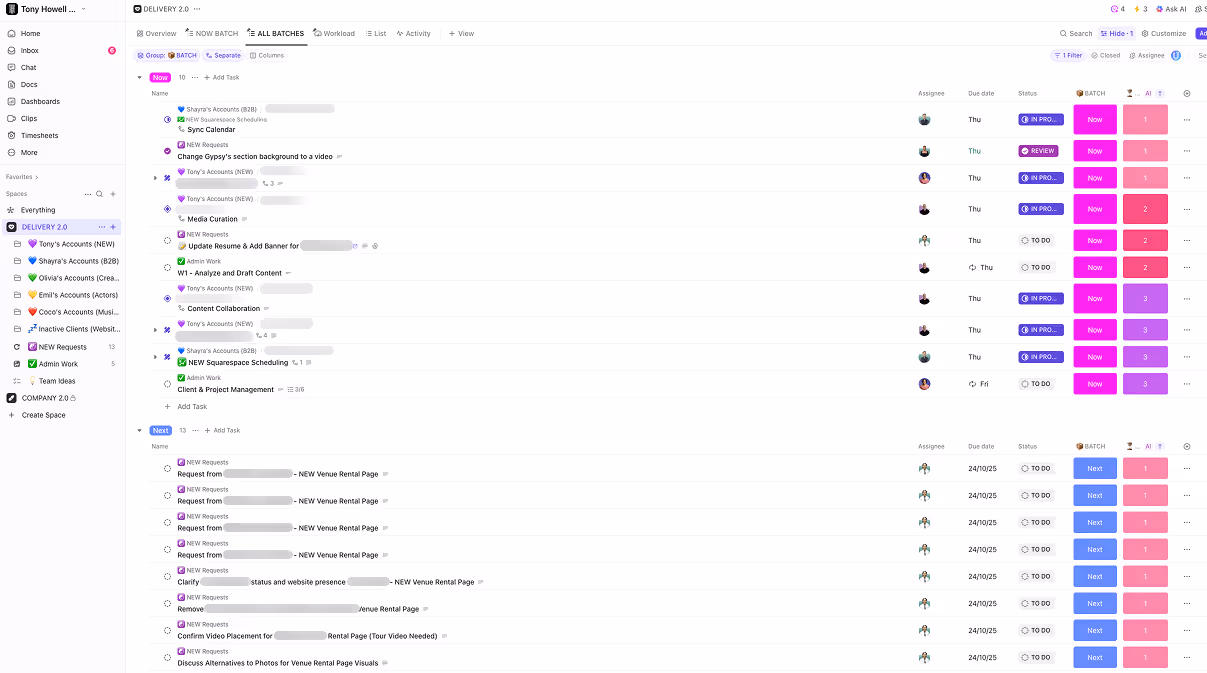 Tony Howell workspace after ClickUp implementation
