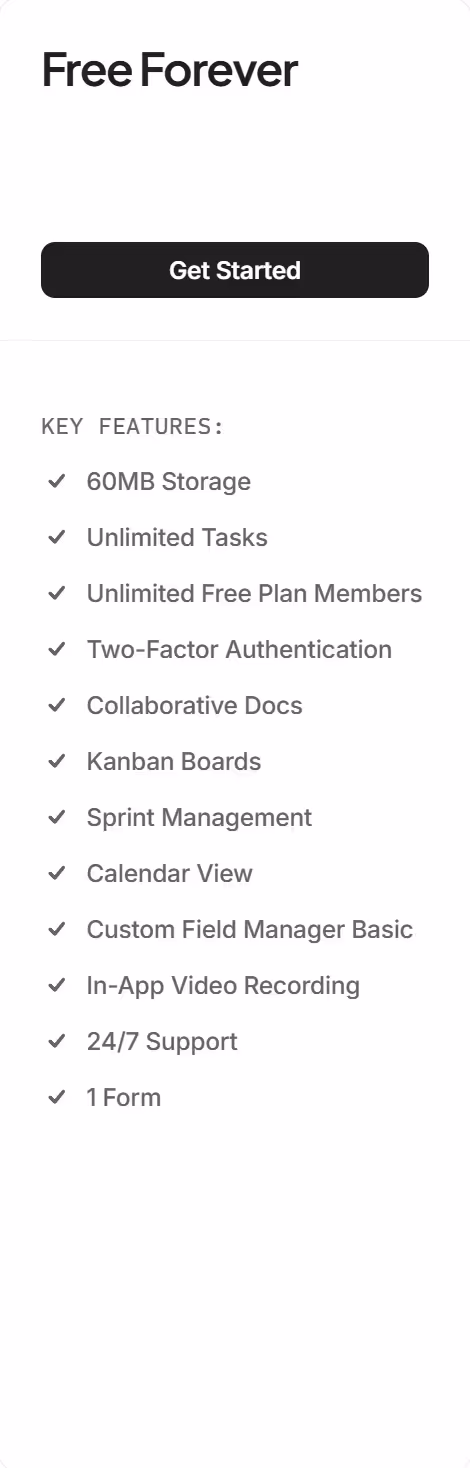 Forfait Free Forever de ClickUp